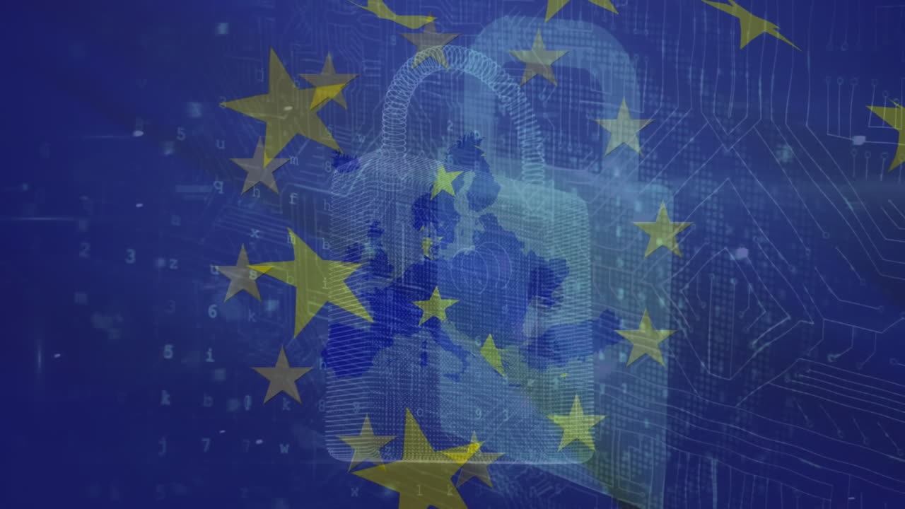 Animazione di mappa dell'Europa, lucchetto, elaborazione dati e bandiera dell'UE.