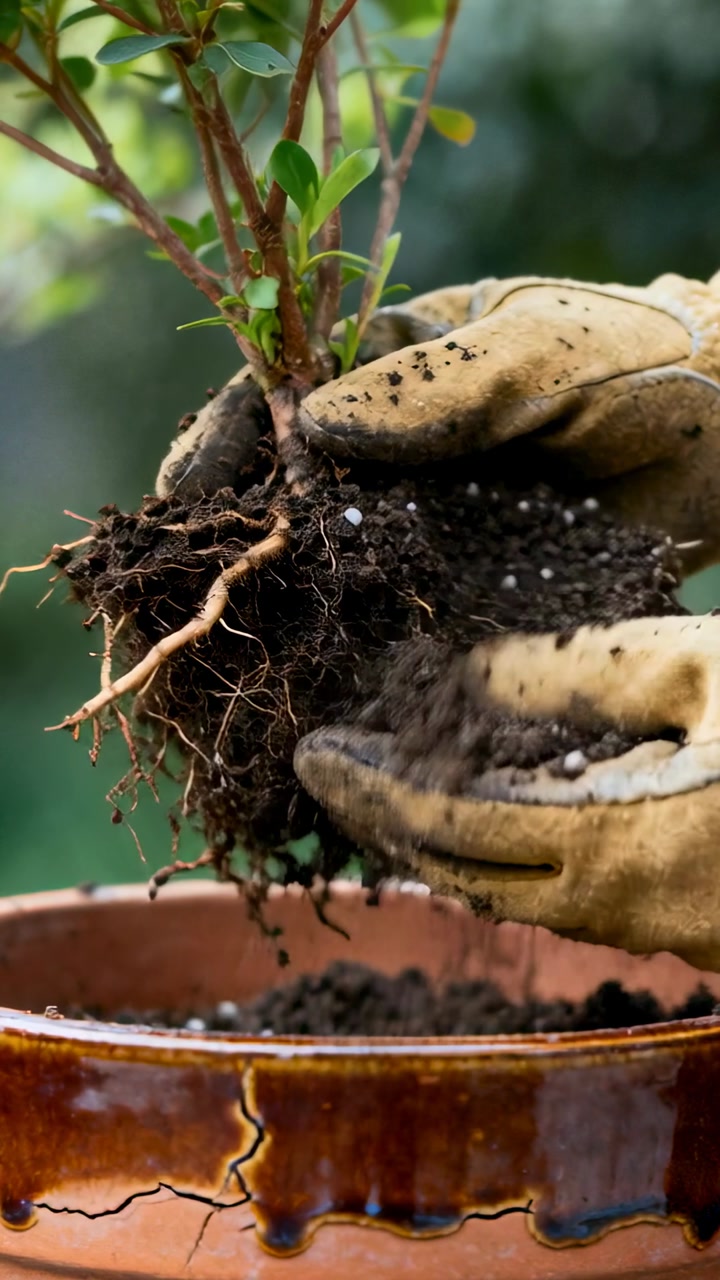 Gloved hands lifting root ball from glazed ceramic pot, teasing roots, tamping soil for gardening