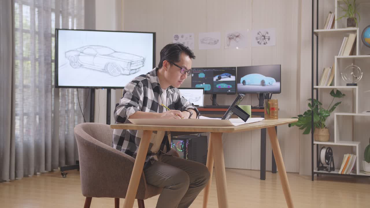 Asian Male Looking At A Tablet And Drawing On Paper While Working On A Car Design Sketch On Table In The Studio With Tv And Computers Display 3D Electric Car Model