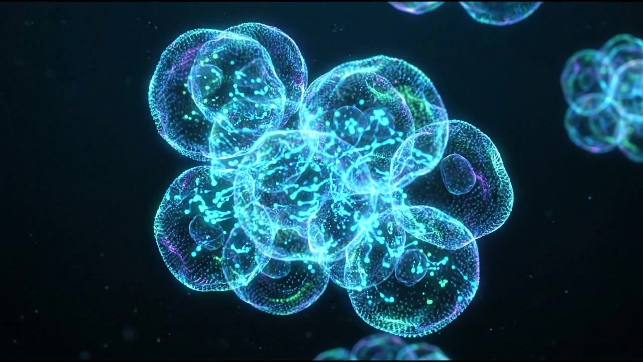 Struttura cellulare cibernetica con ologramma di nucleo luminoso