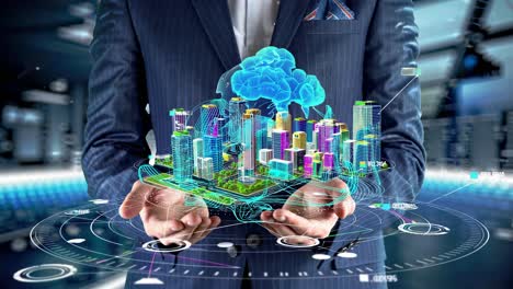 virtual city model held in hands