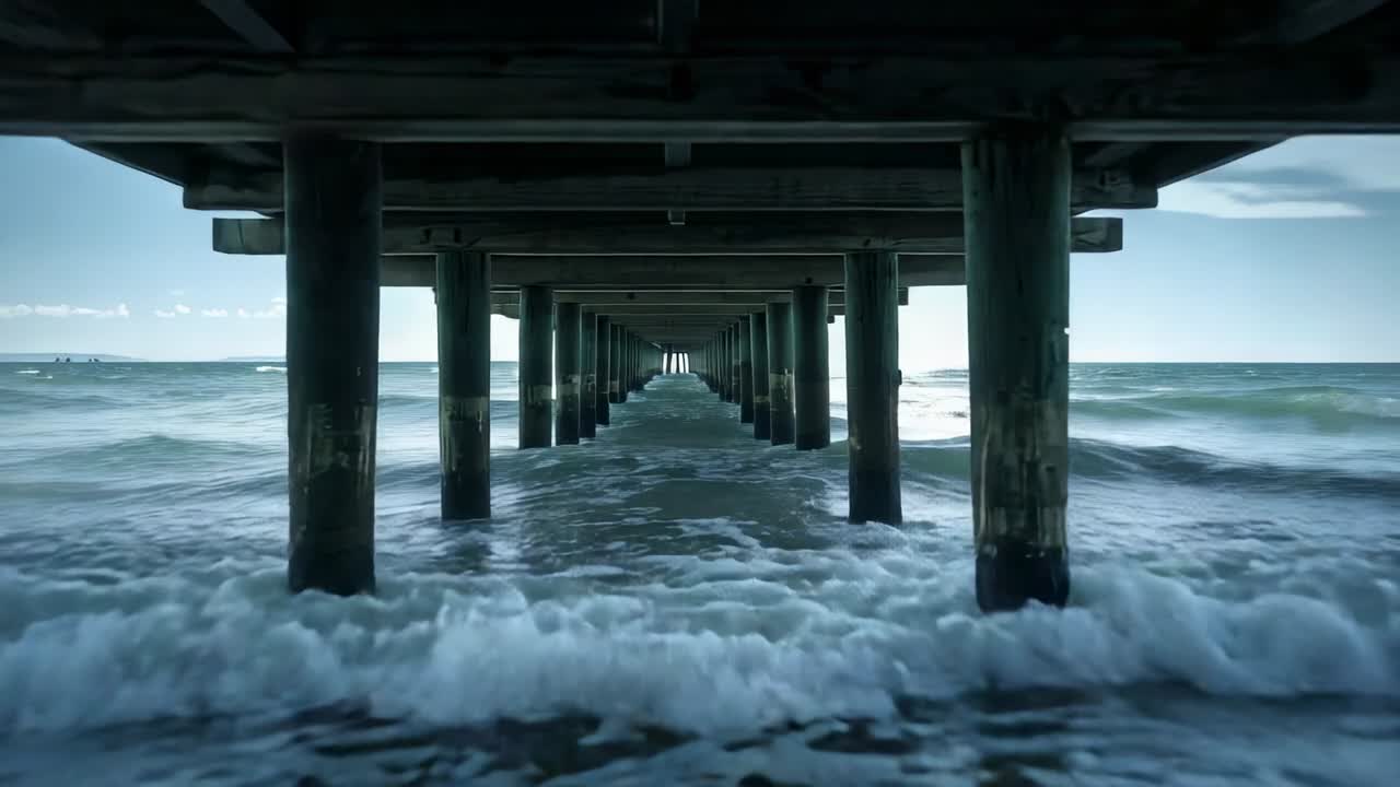 Tide-driven waves crashing under long pier, hitting vertical pilings and spraying foamy water