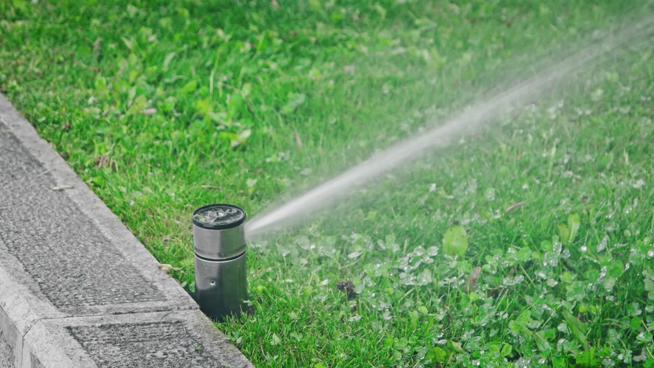 Sistema di irrigazione. Irrigatore automatico per prato, che innaffia un grande campo verde di un parco pubblico