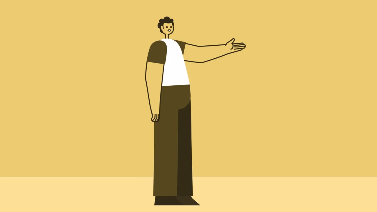 노란색 스타일의 남자 평평한 캐릭터는 말하고 몸짓을 합니다. 알파 채널과 함께 고립된 루프 애니메이션