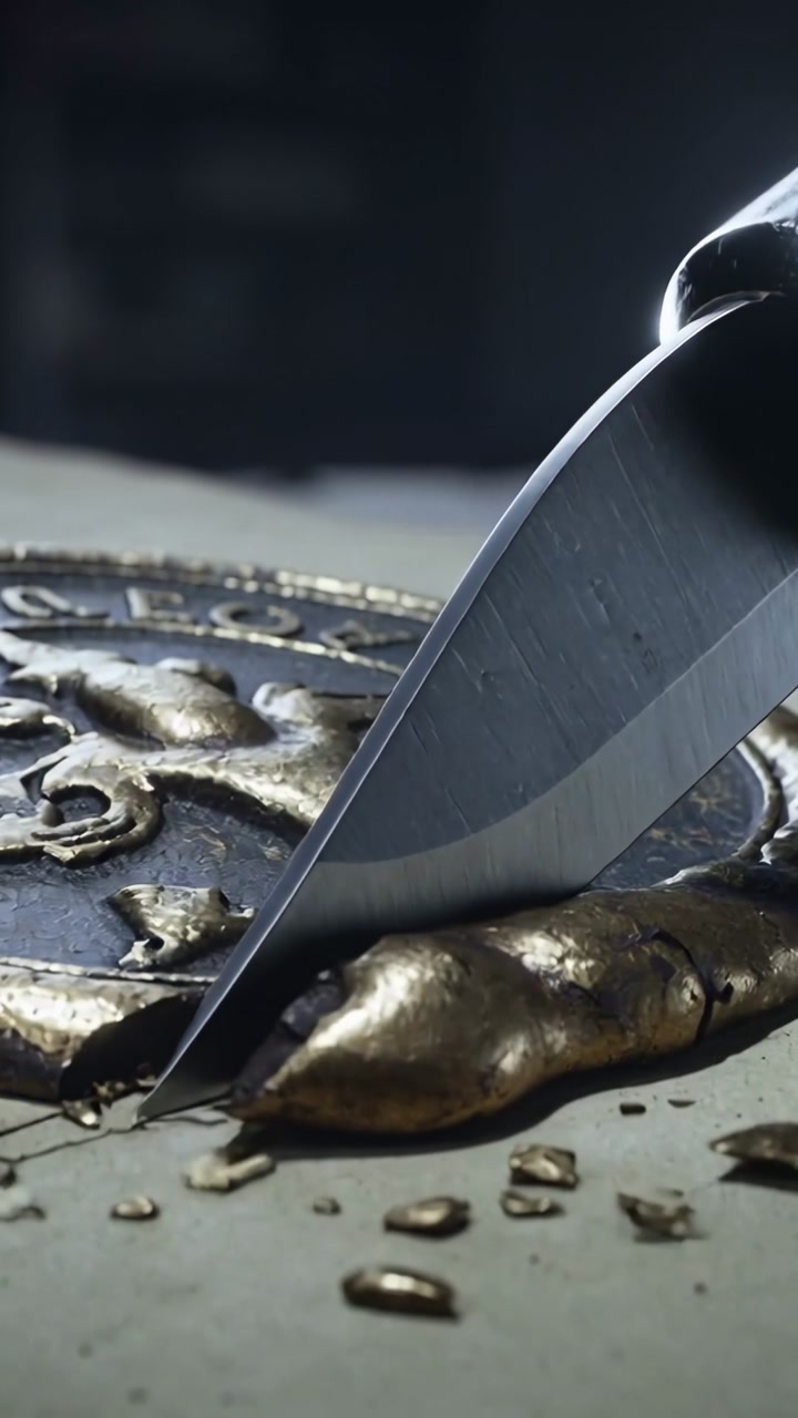 Vertical video: Pressing blade tip into gold, knife blade scraping seal on table, revealing relief
