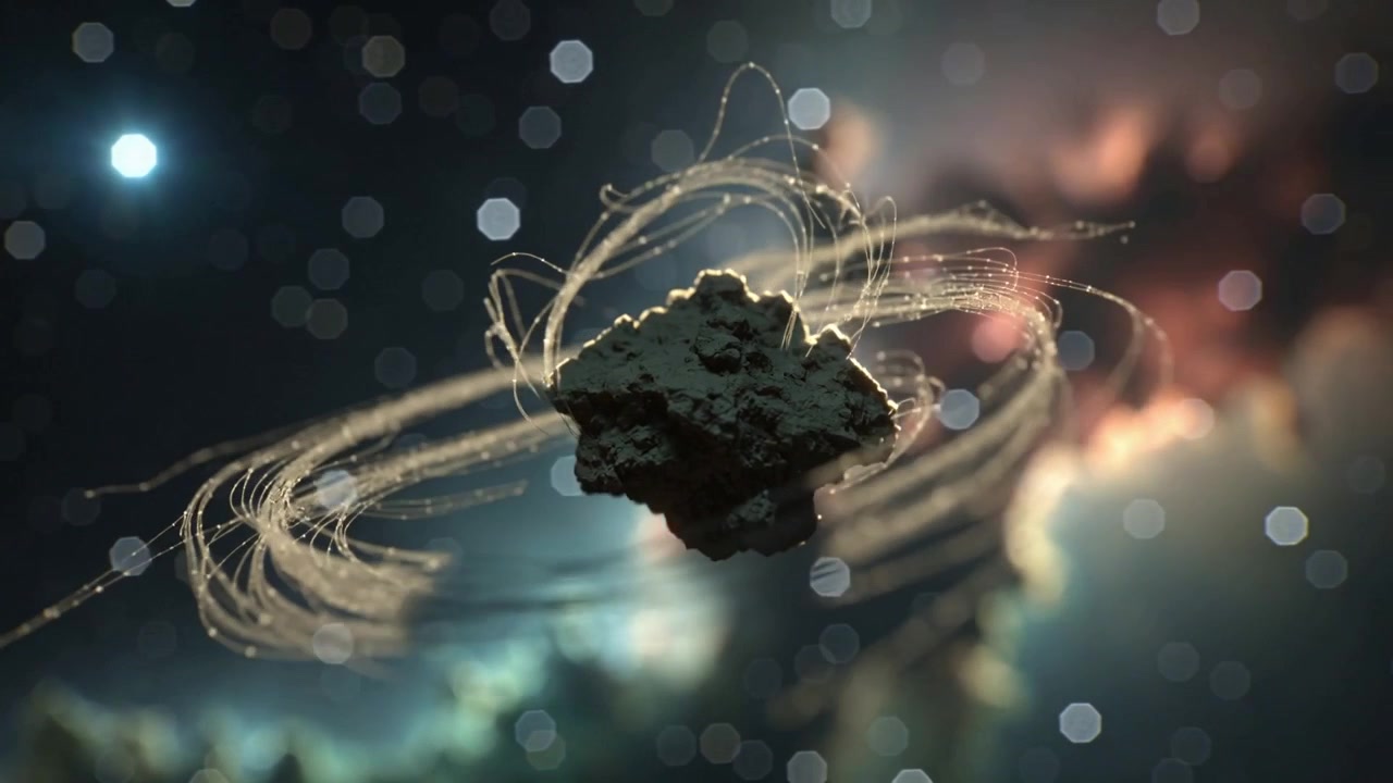 Forming luminous filaments wrapping rocky asteroid in space nebula, creating ring orbits