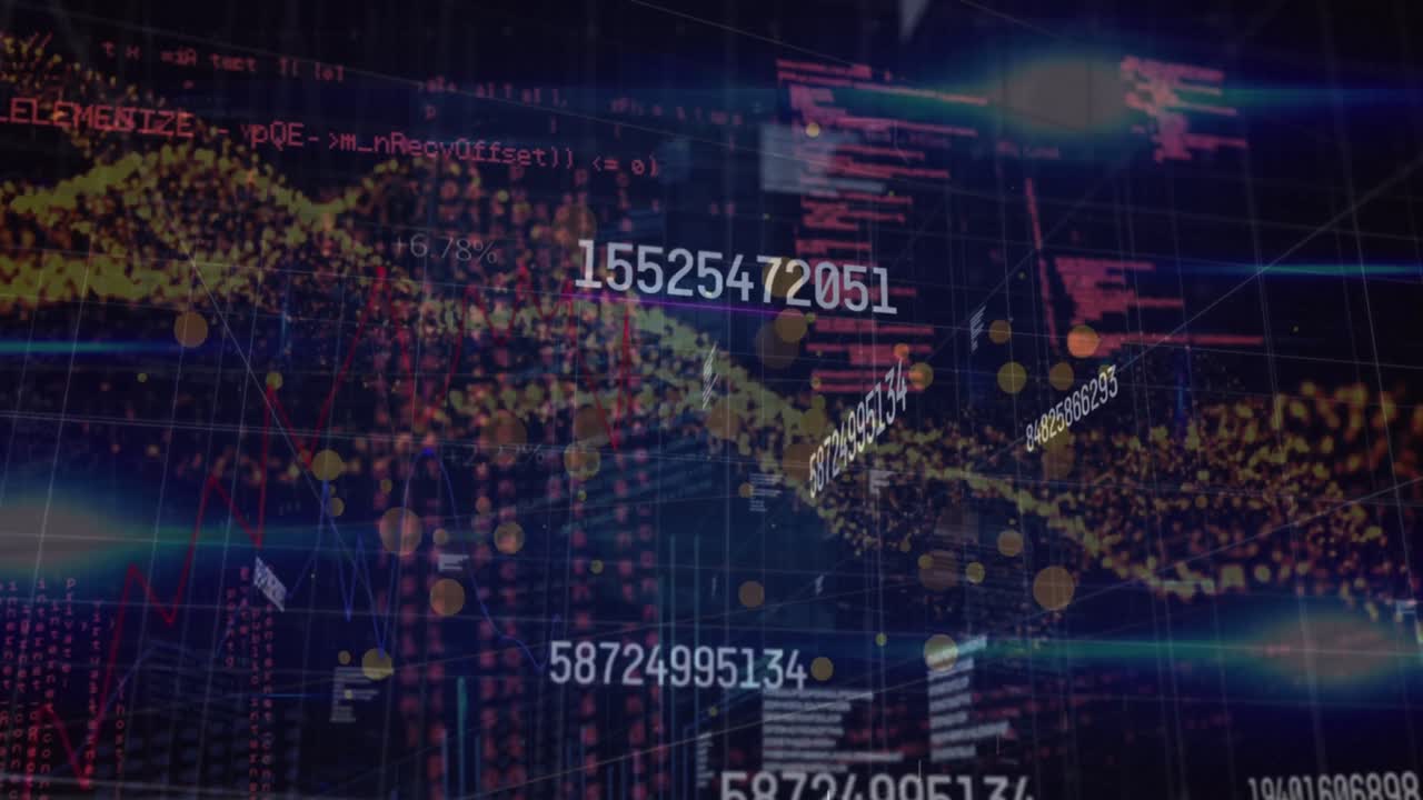 Animation of changing numbers and digital wave over data processing against blue background