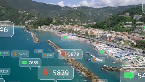 animation of social media icons and numbers over marina landscape