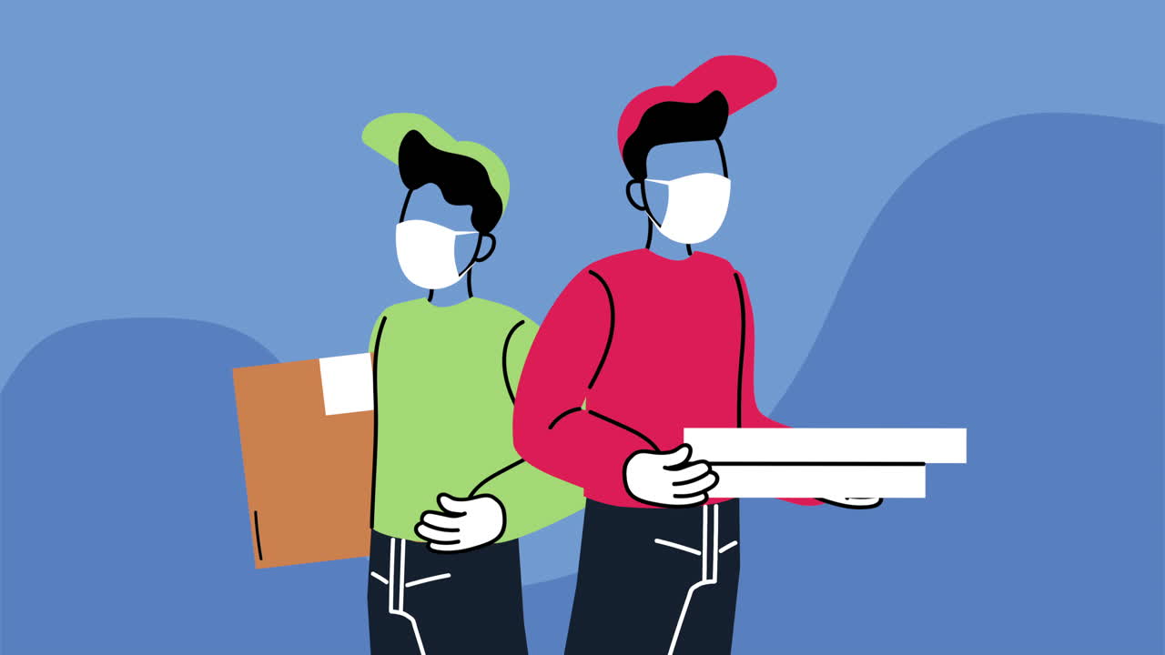 의료 마스크를 착용한 안전한 배달 택배자, 박스 및 피자 상자