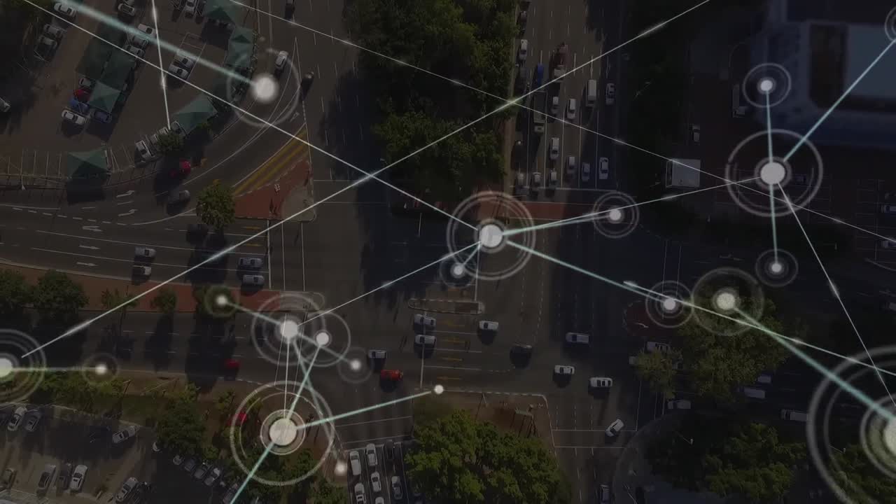 animación de la red de conexiones sobre el paisaje urbano