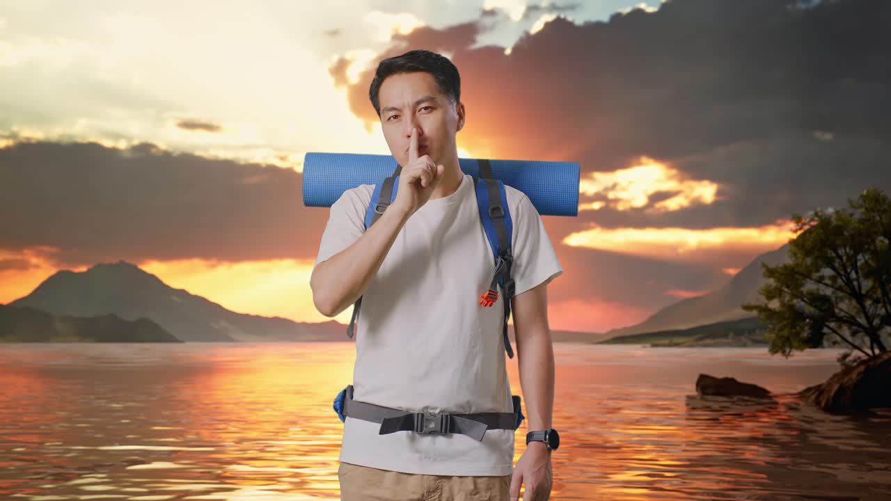 Asian Male Hiker With Mountaineering Backpack Looking At Camera And Making Shh Gesture At A Lake