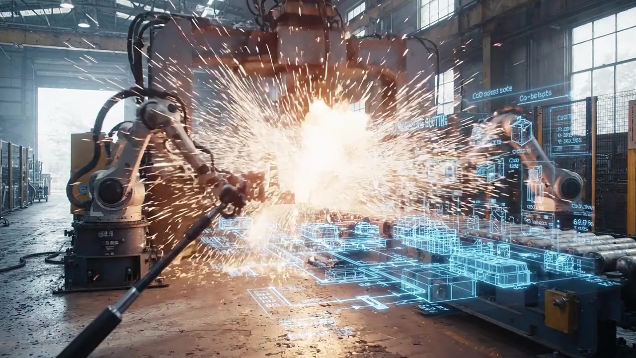 Robot industriali che forgiano metallo caldo con un'overlay di Digital Twin in fabbrica.