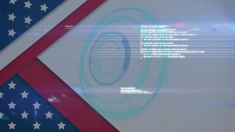 Animation-of-circular-scanner-and-data-processing-over-stars-and-stripes-of-american-flag