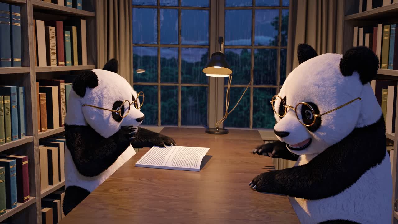 Scholarly pandas reading document, wearing round glasses, discussing intently inside vintage library during rainy nighttime, soft lamplight illuminating study scene