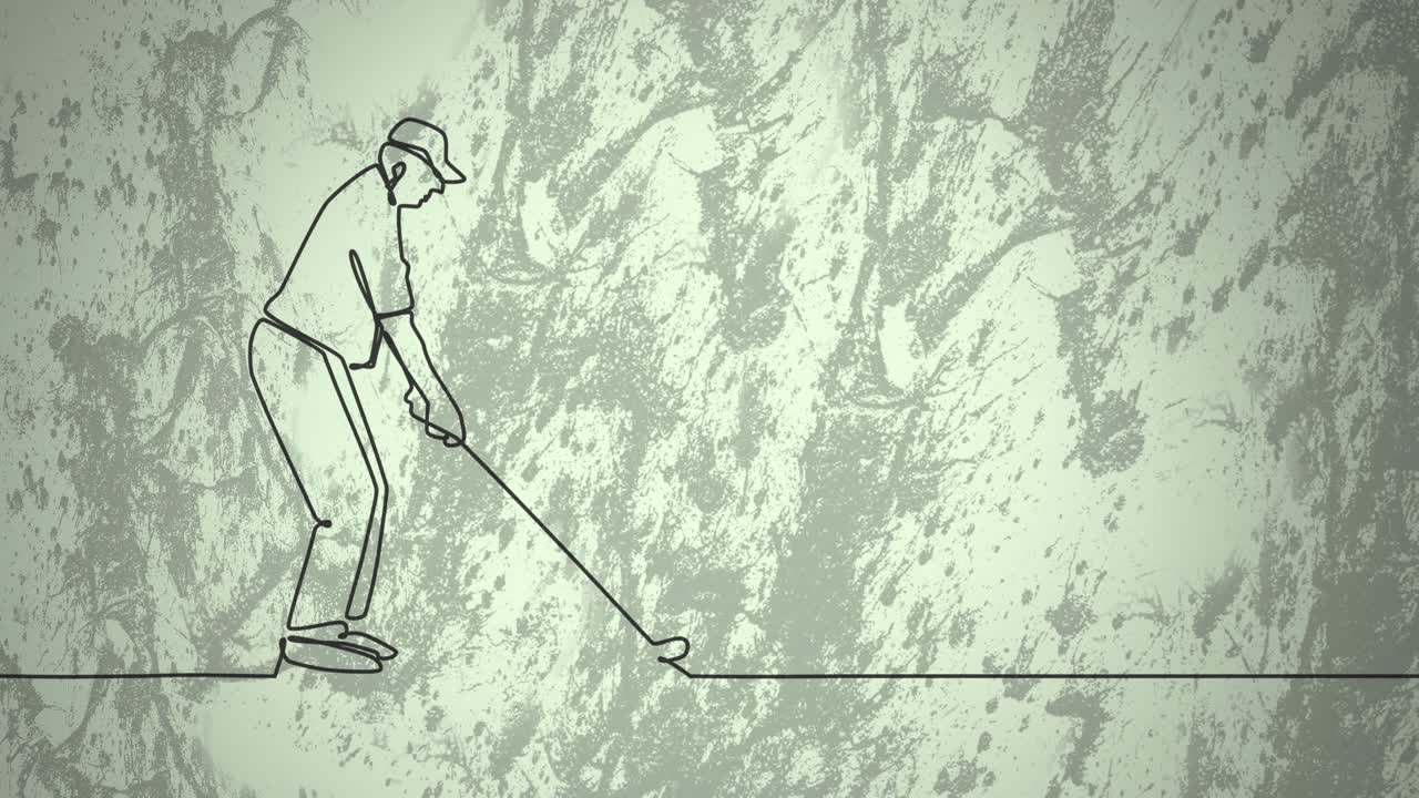 Animation of drawing of male golf player and shapes on green background ...