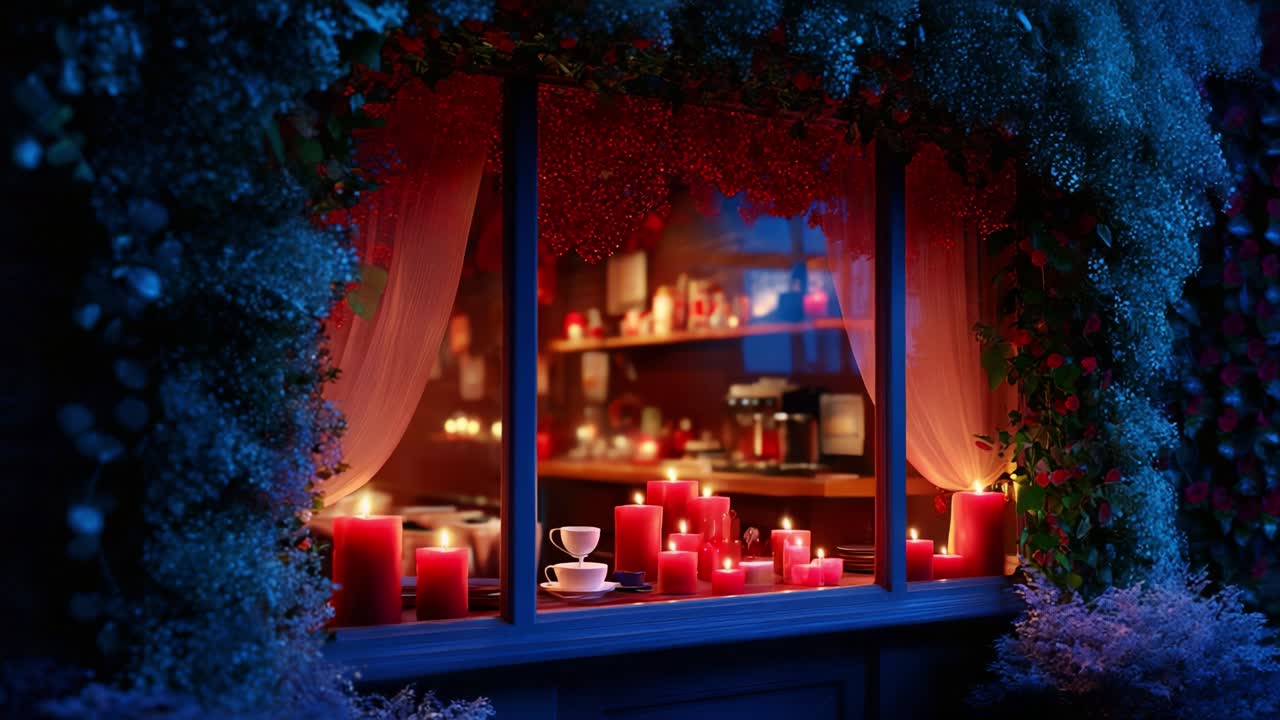 Uma cena noturna serena que exibe uma janela aconchegante emoldurada pela natureza, iluminada por velas bruxuleantes e ambiente romântico, perfeita para relaxar ou para encontros íntimos com um toque de calor