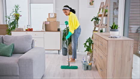 woman, mop and dirt on living room floor for job