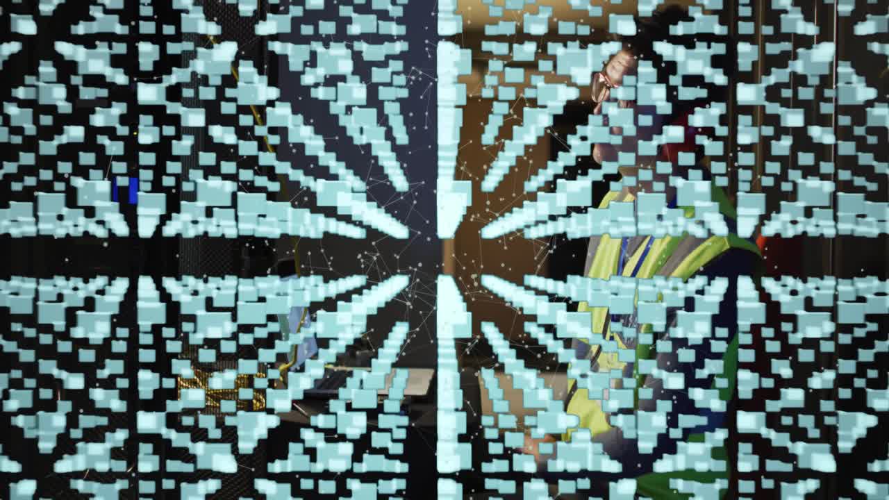 Animation of data processing over asian male worker in server room