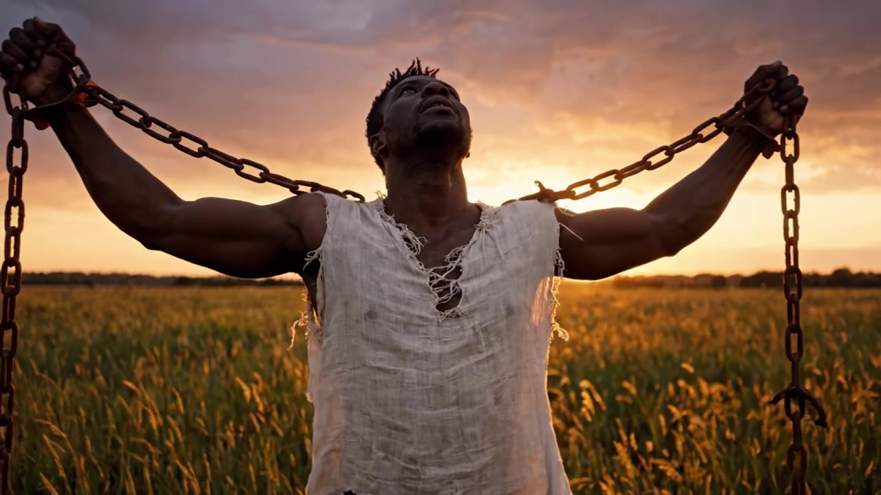 A Transformative Journey from Bondage to Freedom: A Striking Visual Narrative of Resilience Against the Backdrop of a Breathtaking Sunset