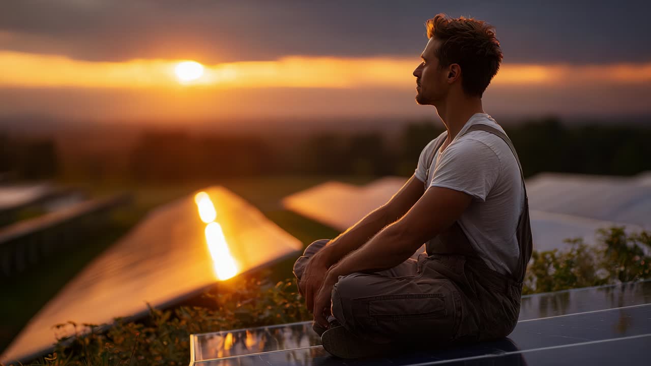A tranquil moment at sunset, featuring a man meditating atop solar panels, reflecting a harmonious connection with nature and renewable energy while embracing tranquility and mindfulness