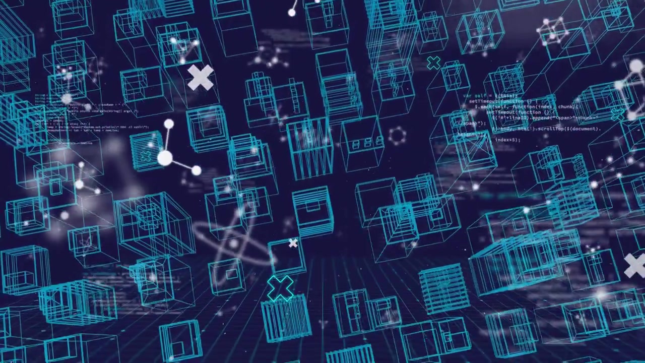 Animation of blue city in 3D with molecules and data processing
