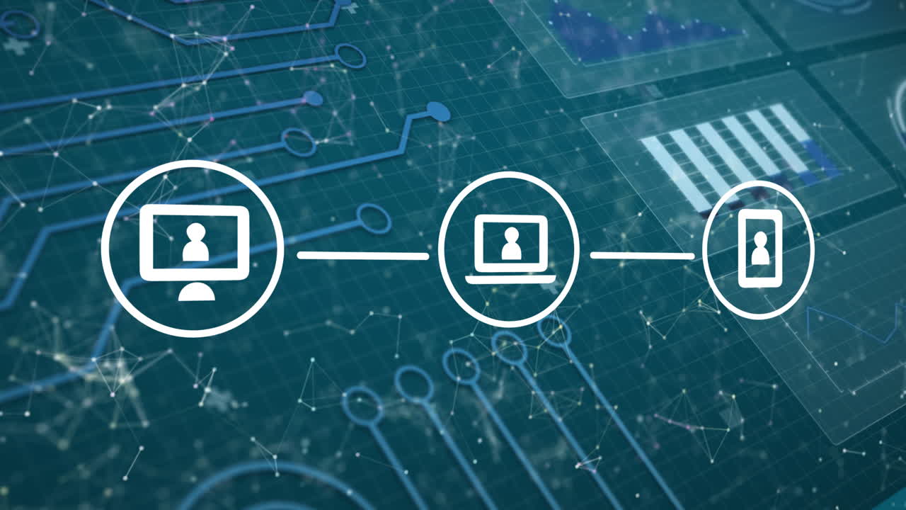 animación de iconos tecnológicos sobre circuito integrado sobre fondo azul