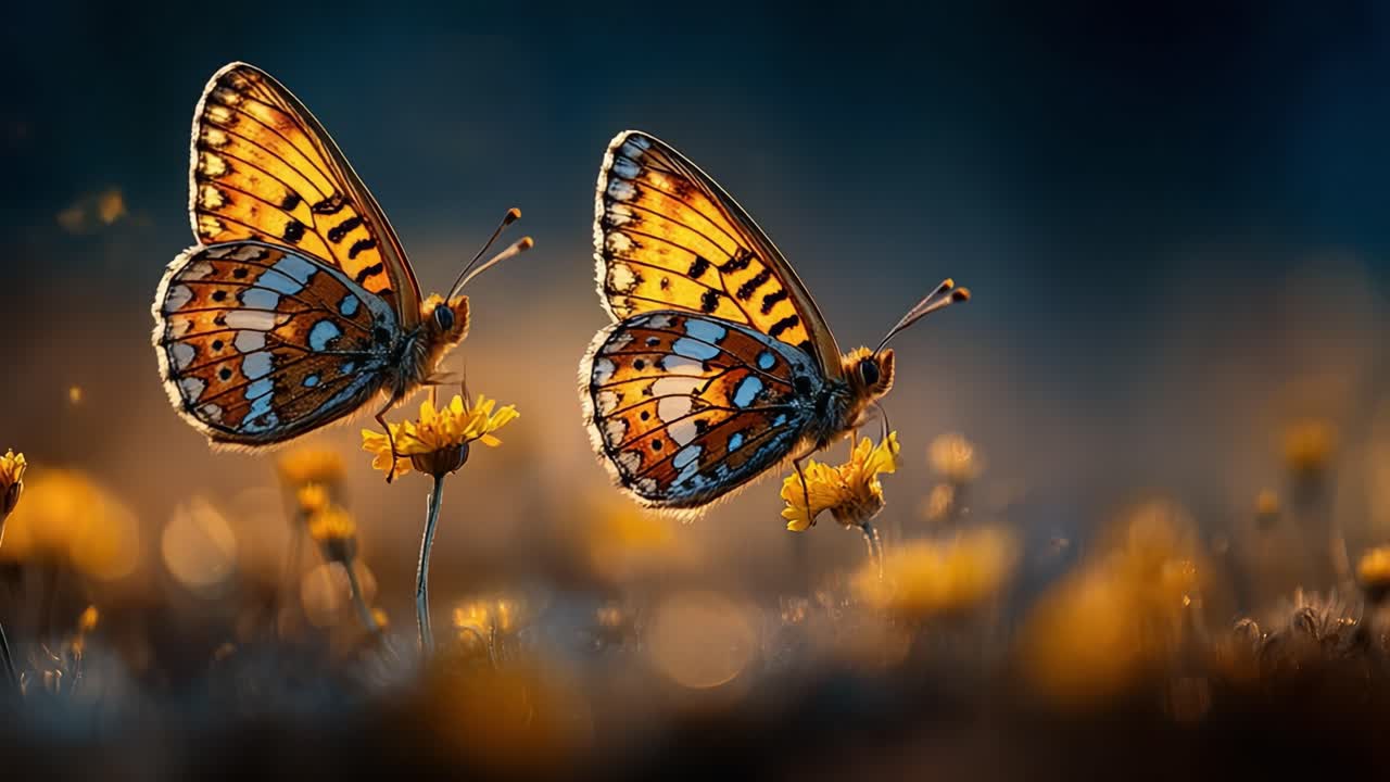 Un delizioso incontro di farfalle colorate in un vibrante campo fiorito illuminato da una luce naturale soffusa