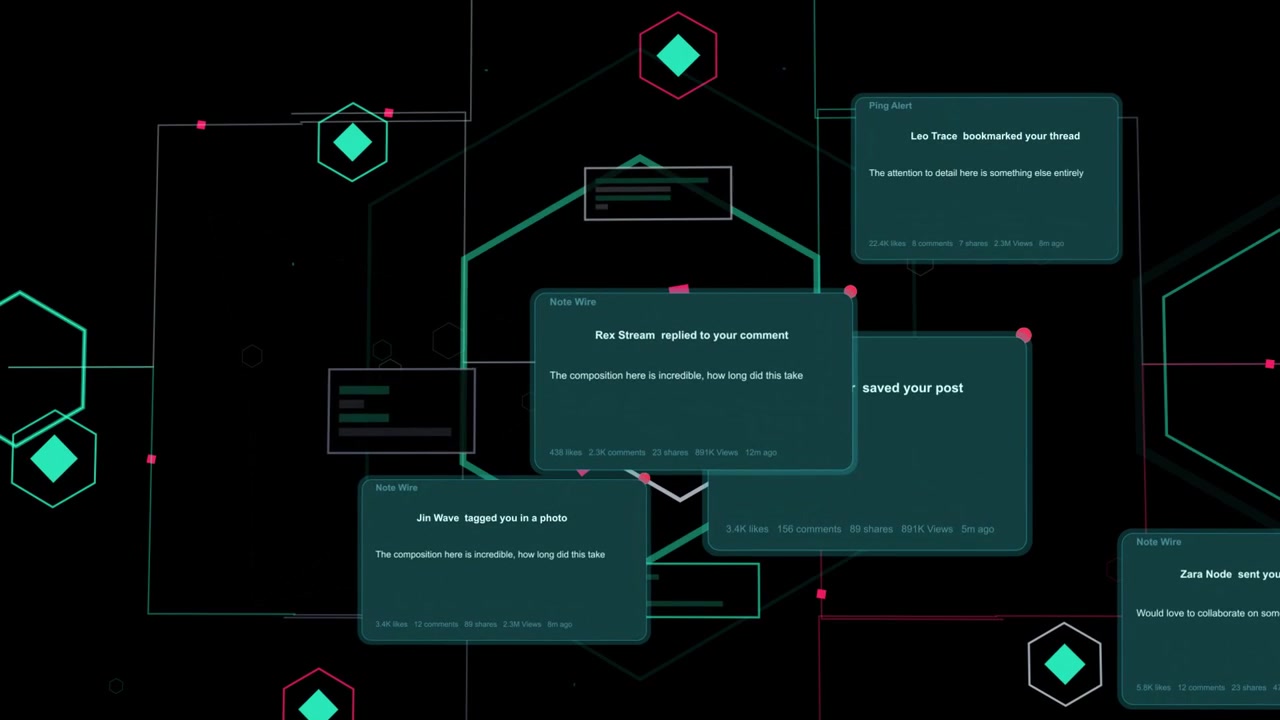 Data pulse, hexagon network pulsing, sending pink markers and spawning toasts to visualize flow