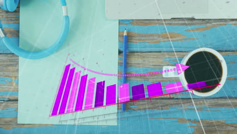 animación del procesamiento de datos estadísticos contra una computadora portátil, una taza de café y auriculares en una superficie de madera