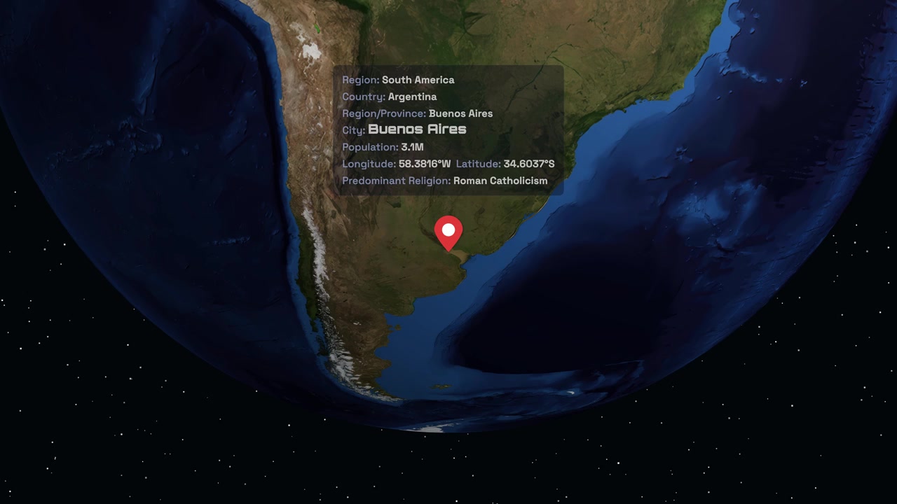 Digital globe rotates and zooms into South America, pinpointing Buenos Aires with informational text boxes