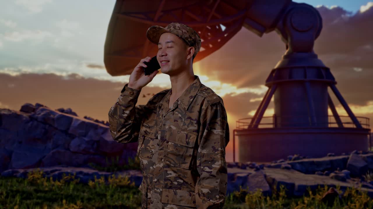Side View Asian Man Soldier Talking On Smartphone And Looking Around While Standing With Satellite Dish
