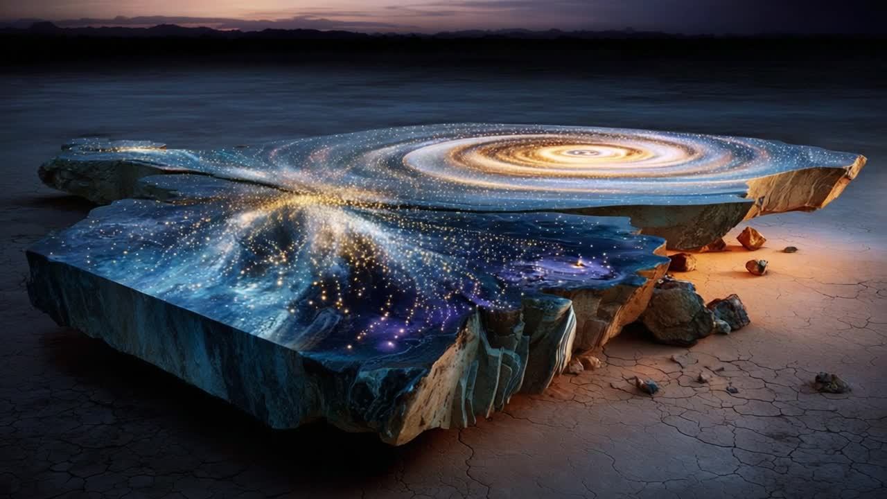 Spectacular Cosmic Landscape: An Imaginary Scene of a Split Rock Revealing a Glorious Galaxy with Swirling Stars and Deep Space, Merging Earthly Texture with Celestial Wonders