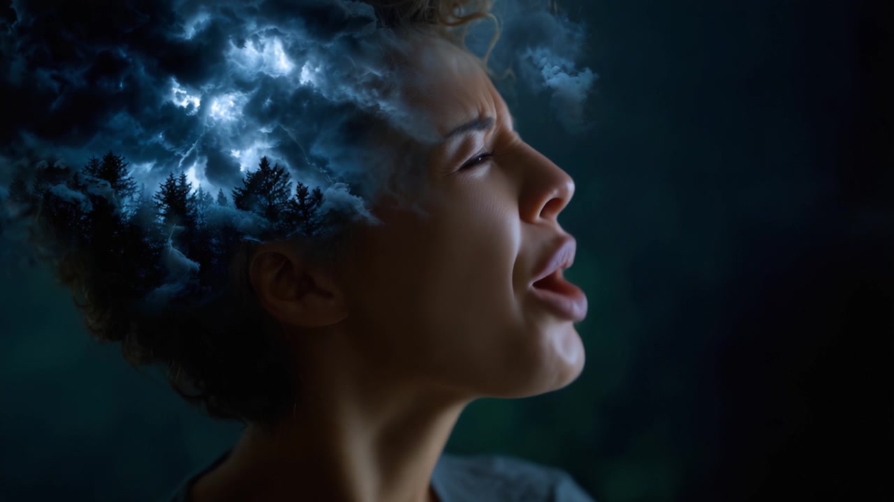 Intensa Espressione Emotiva: La Lotta di una Donna Catturata in Mezzo a un Paesaggio Tempestoso Che Emerge dalla Sua Mente, Riflettendo il Suo Tumulto Interiore e Conflitto