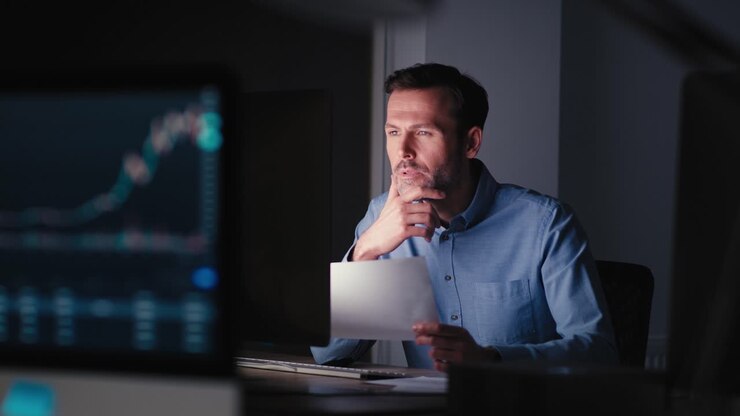 夜にオフィスで働く白人の大人のビジネスマン ⁇