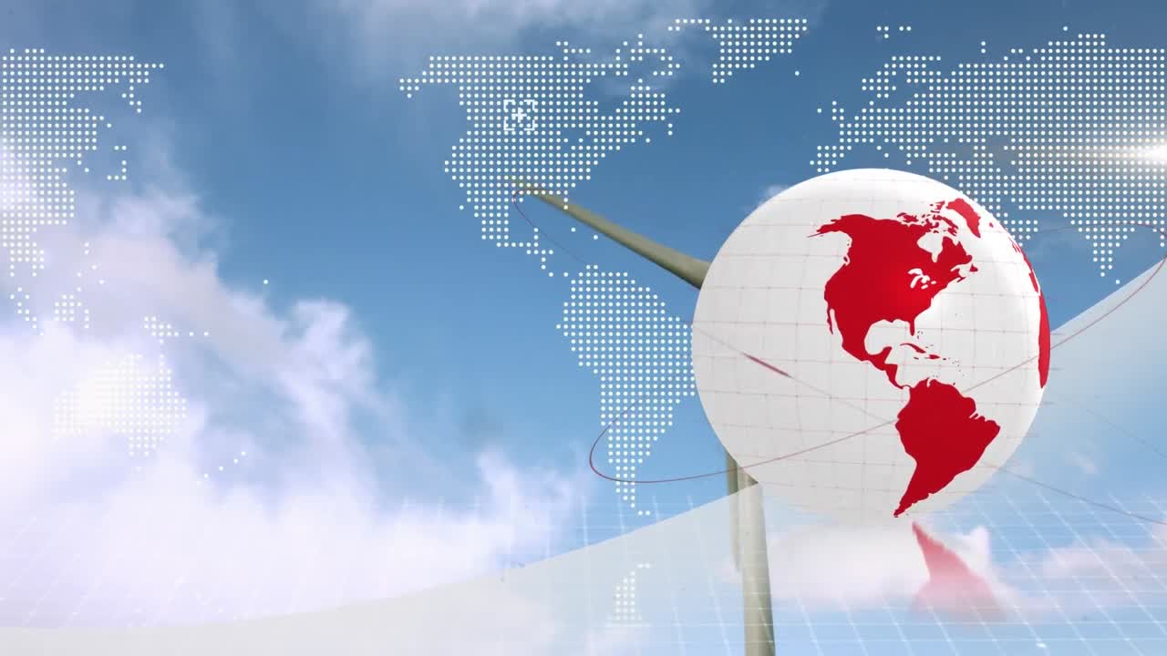 풍력 터빈 위의 지구와 세계 지도의 애니메이션