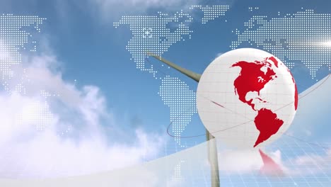 animation of globe and world map over wind turbine