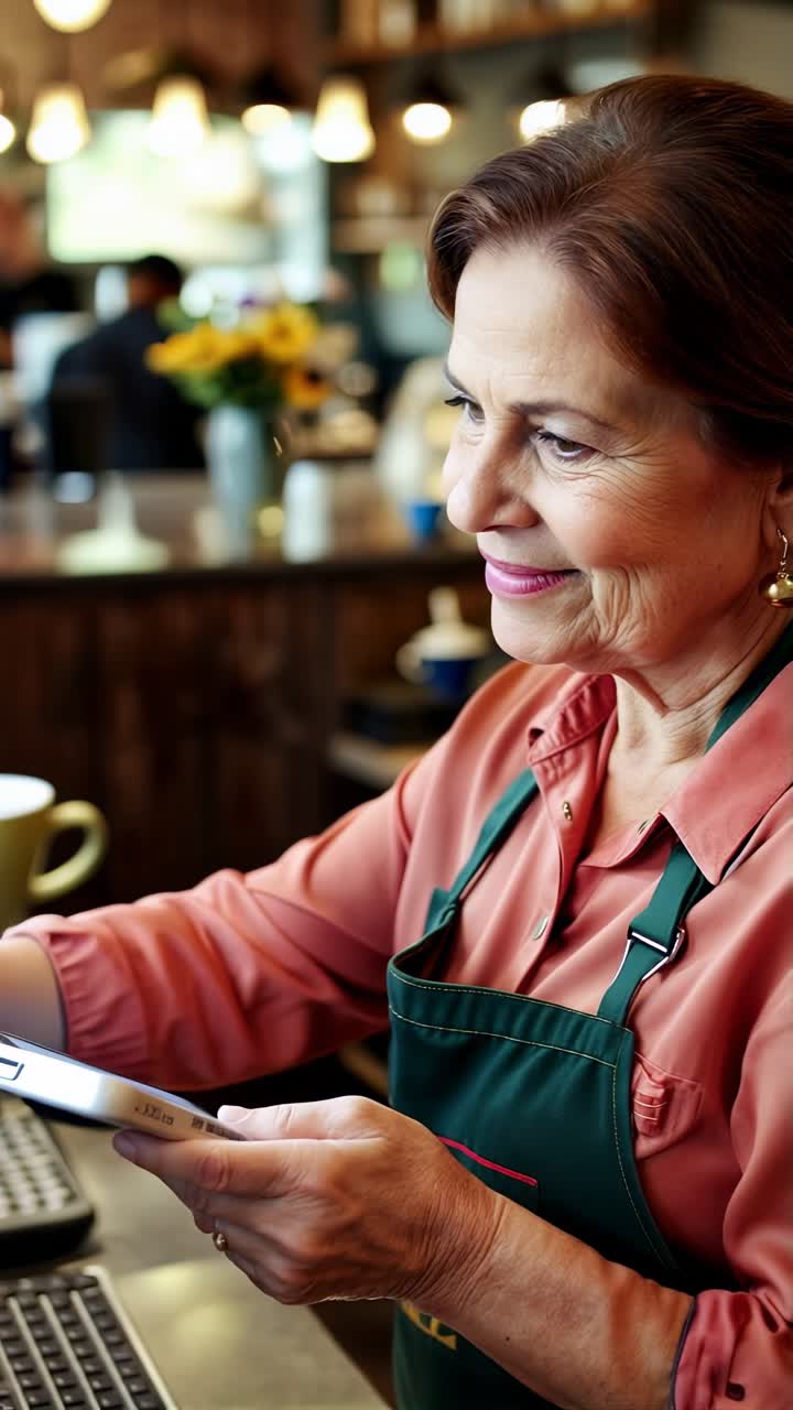 Female cafe owner balancing orders and management duties.