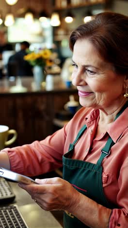 female cafe owner balancing orders and management duties.