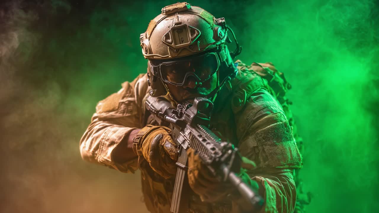 Intenso impegno militare: un soldato pronto all'azione tra fumo colorato ed equipaggiamento da combattimento, che evidenzia la preparazione tattica e la concentrazione.