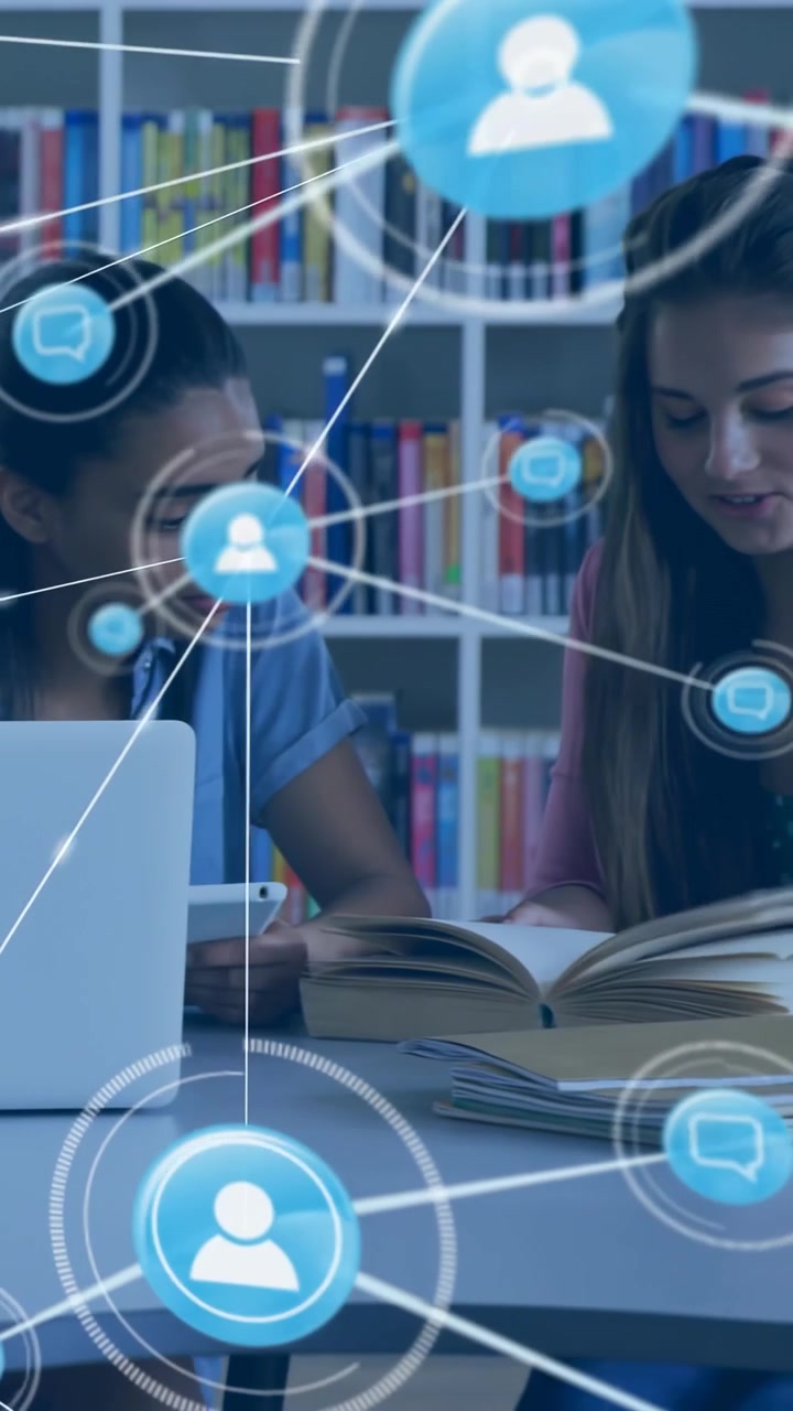 Vertical video: Peers reading at library, page flip sparking user icons and chats on table for exam