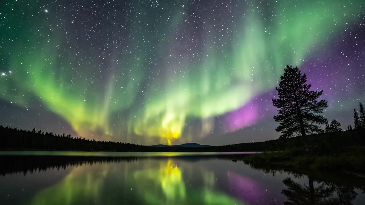 Uno spettacolo mozzafiato di Aurora Boreale che illumina il cielo notturno sopra un tranquillo riflesso in un lago a specchio, circondato da una foresta lussureggiante e una notte stellata