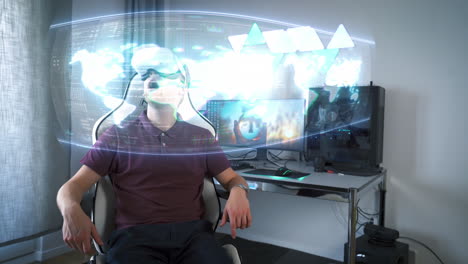 un joven con gafas vr en una silla de juego se maravilla con la vista en 3d del mapa mundial digital de realidad aumentada