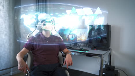 young man with vr goggles in gaming chair marvels at 3d view of digital augmented reality world map