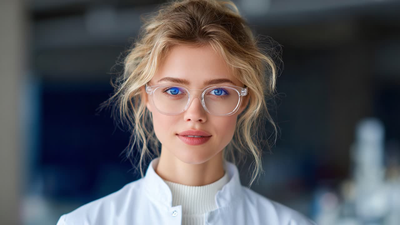 A Confident Young Woman in a Lab Coat with Glasses, Capturing the Essence of Science with an Engaging Expression and Professional Vibe in a Research Environment