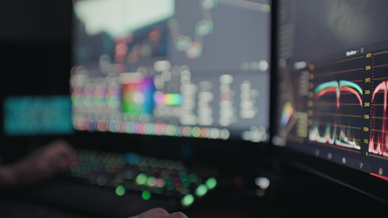 editor de video que trabaja de forma remota desde el hogar corrigiendo el color de las imágenes por la noche