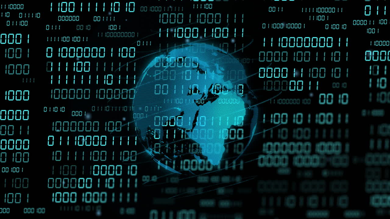 Animation of binary coding data processing over globe