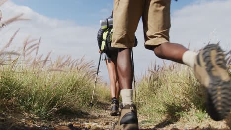 low section of african american couple walking while trekking in the mountains