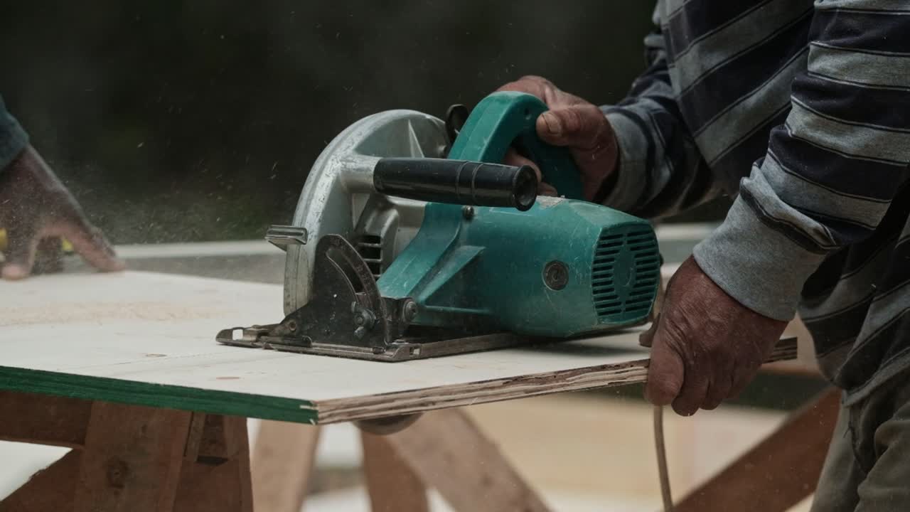 Man operated an electrical circular saw to cut a shutter board