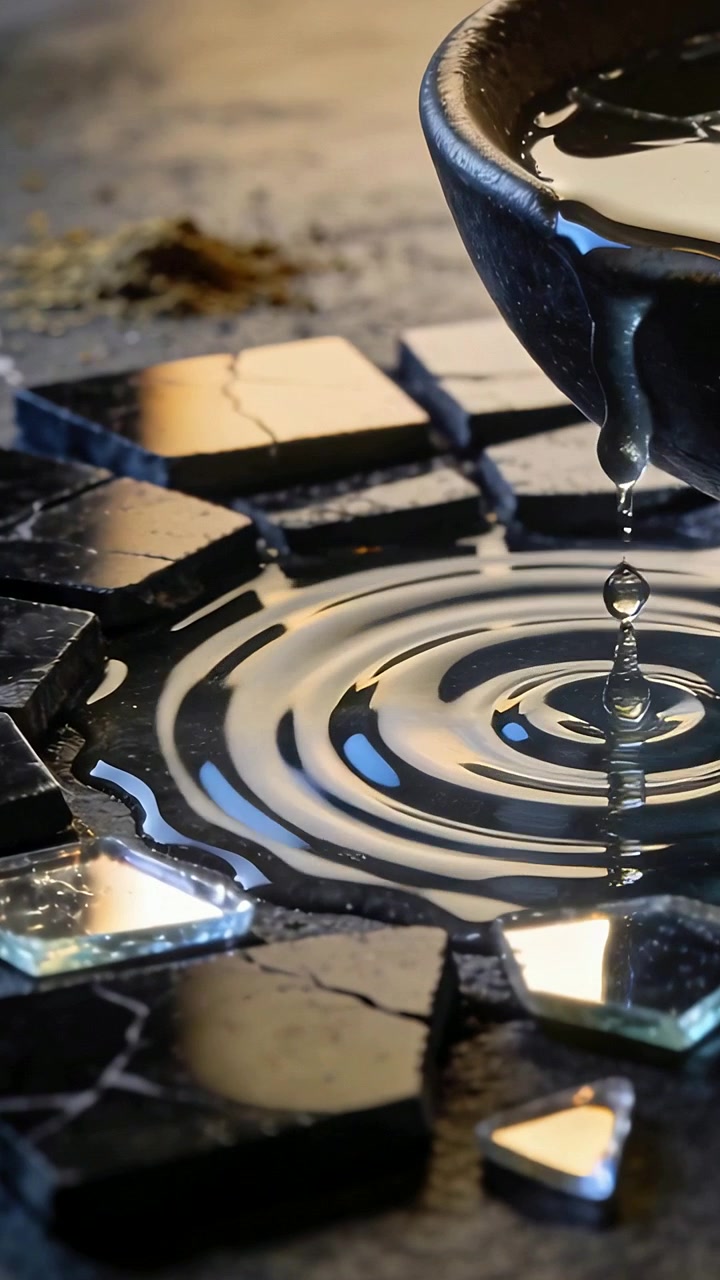 Vertical video: Bead detaching sending droplet making ripples on dark puddle, with mirrors