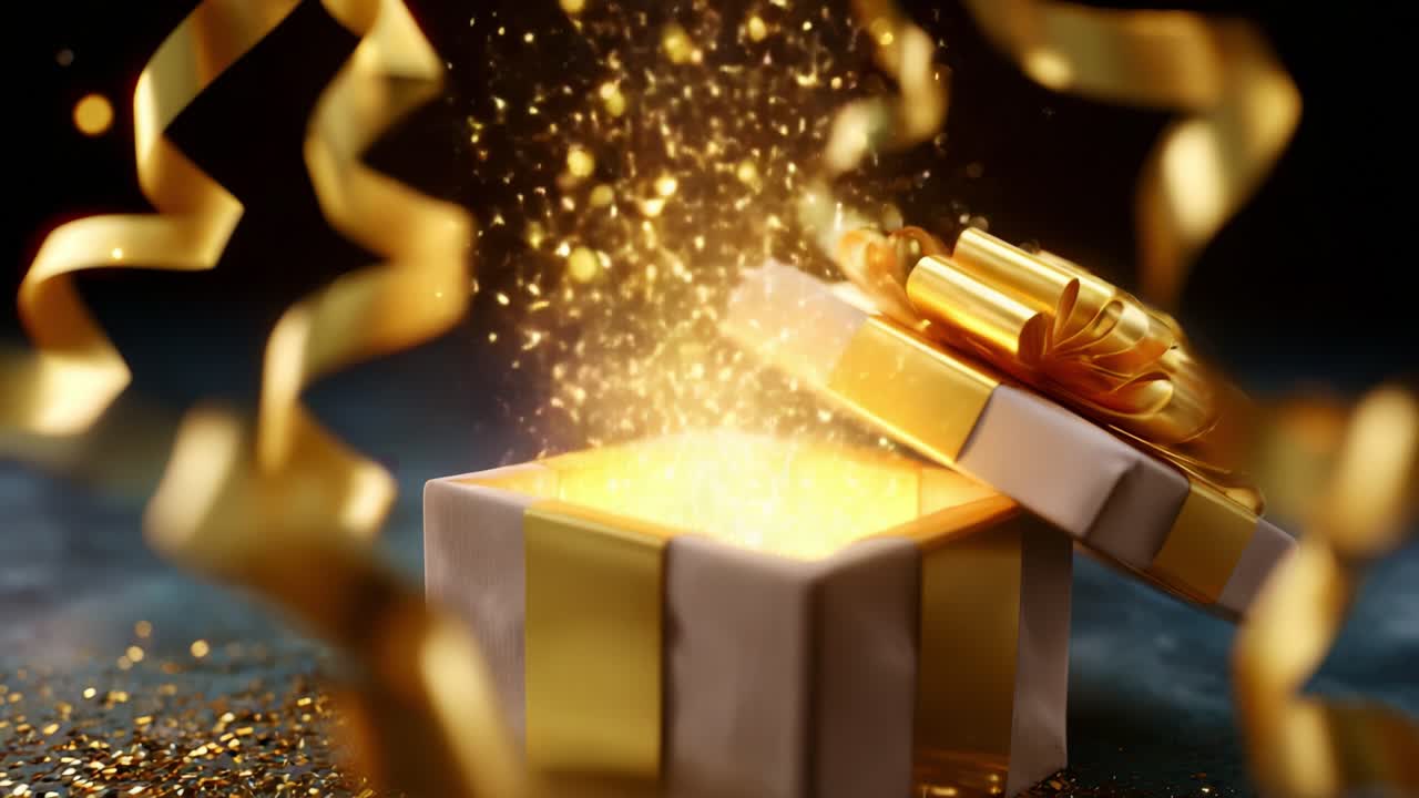 A Beautifully Wrapped Gift Box with a Shimmering Golden Bow and Sparkling Lights Emerging from It, Capturing the Essence of Celebration and Surprise, Perfect for Any Festive Occasion or Special Event